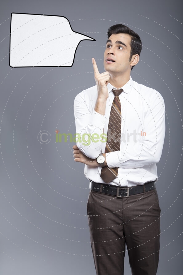 man formally dressed with a thought box 