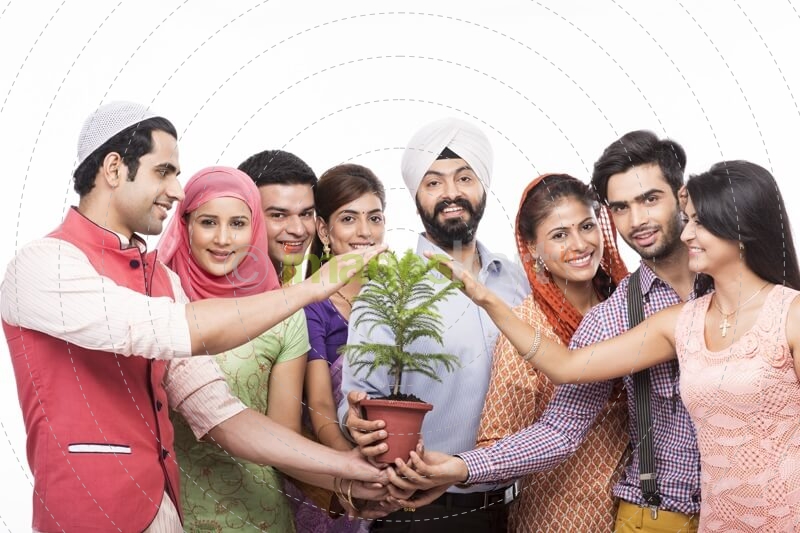 people from all religions posing with a plant 