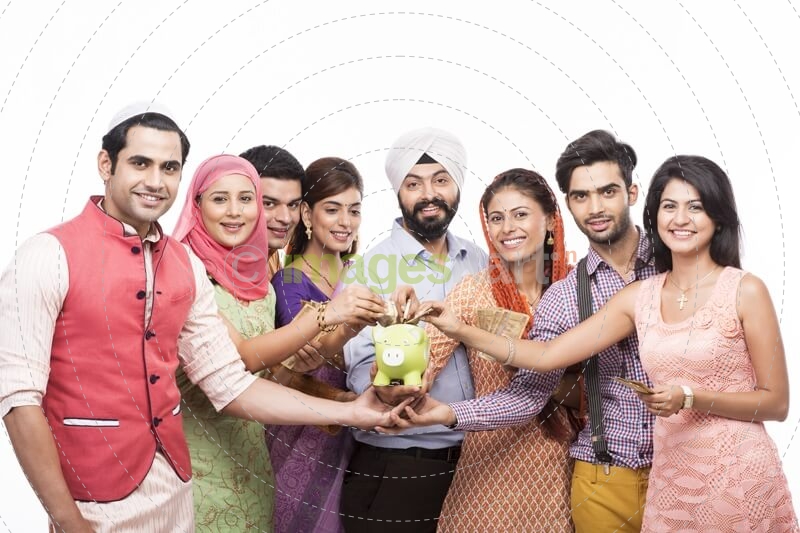 people from all religions with piggy bank