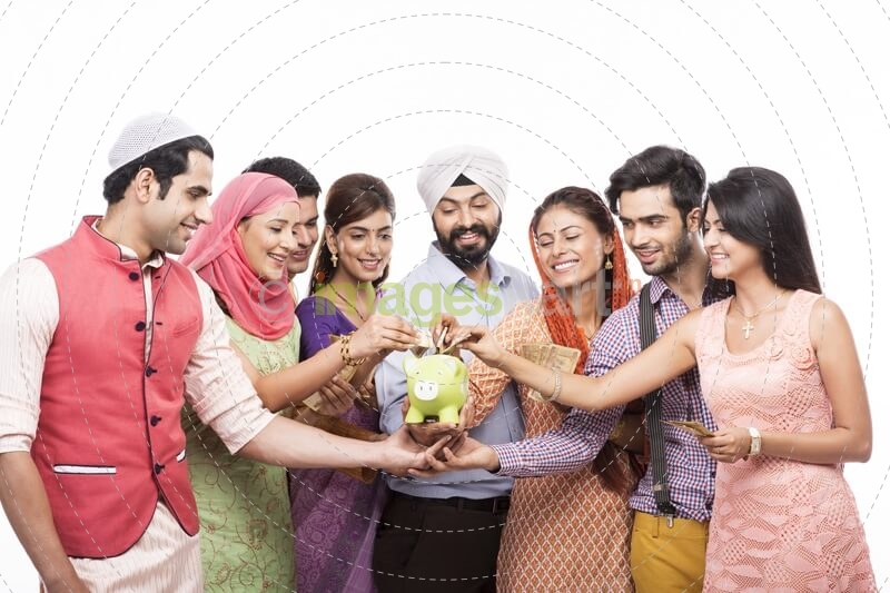 people from all religions with piggy bank 