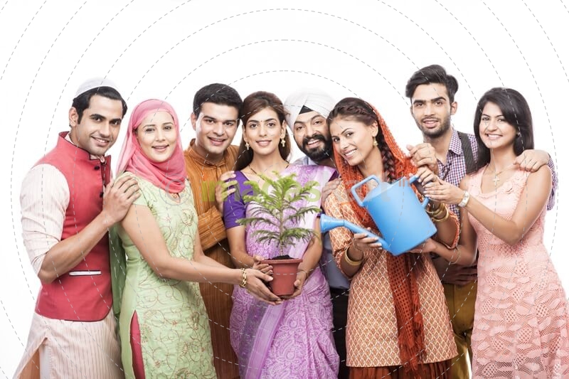 people from all religions giving water to a plant