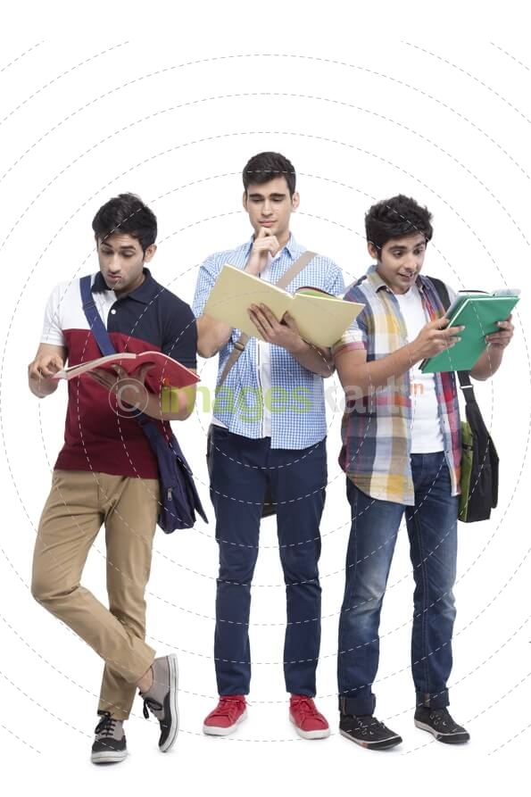 three college friends posing with assignments