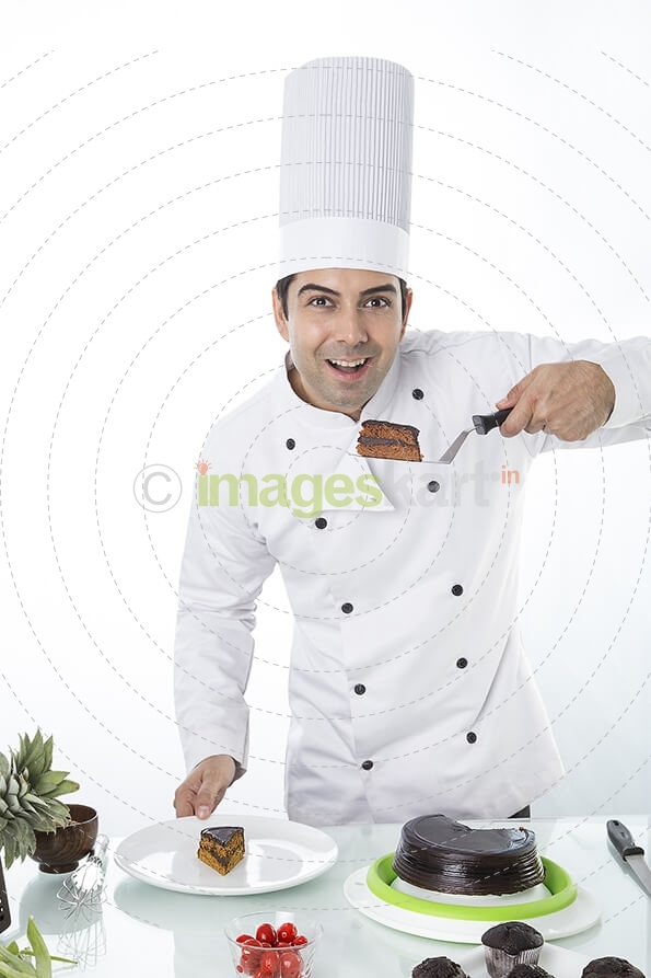 chef with cake and muffins 