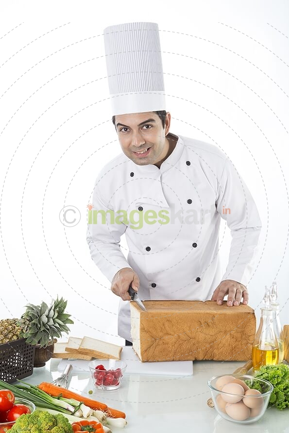 chef slicing bread for morning breakfast