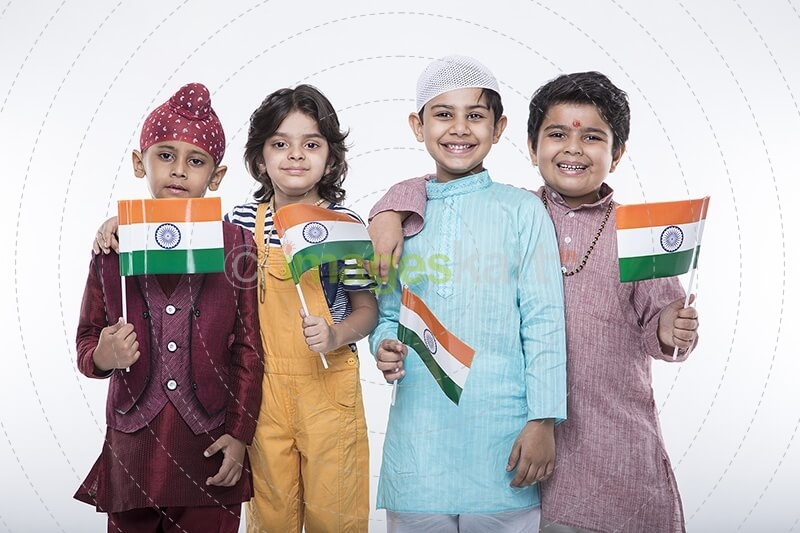 kids from different religions with national flag