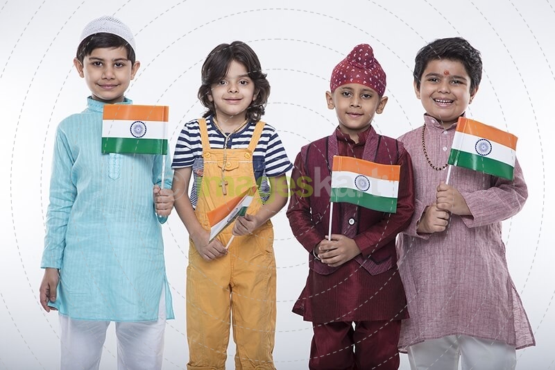 kids from different religions with national flag