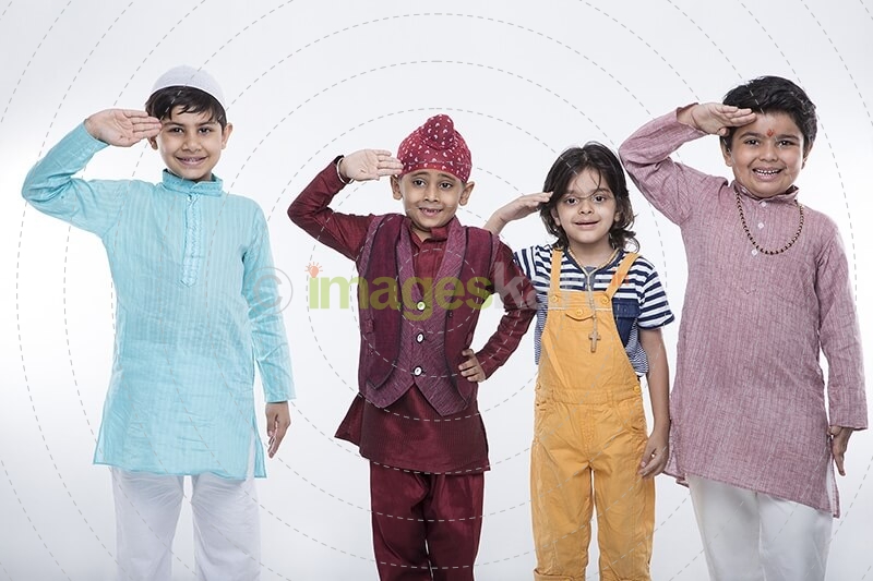 four kids from different religion saluting
