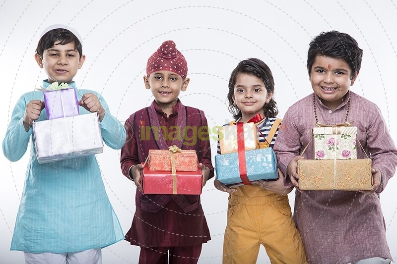 kids from different religions with gifts 