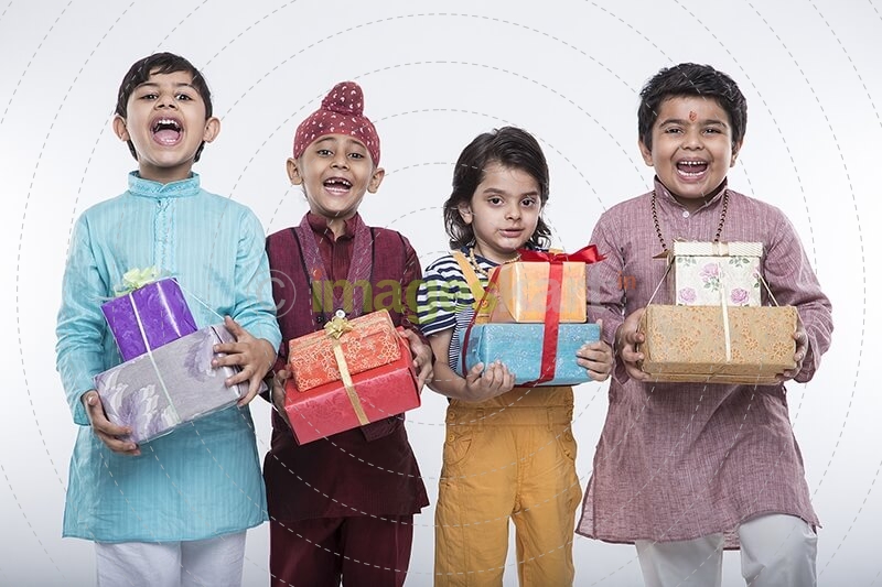 kids from different religions with gifts 
