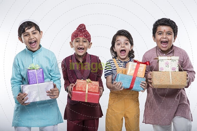 kids from different religions with gifts 