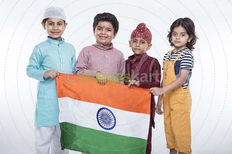 kids from different religions with national flag