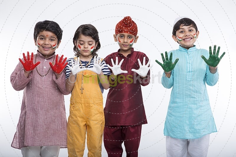 kids from different religion with colourful hands 