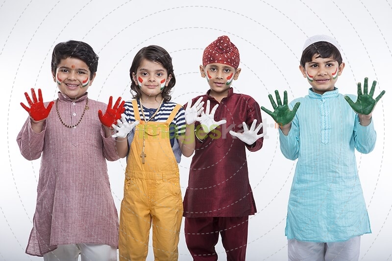 kids from different religion with colourful hands 