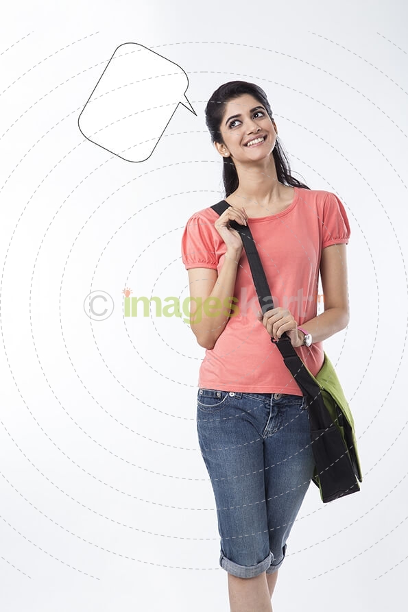 college girl with a dialogue box