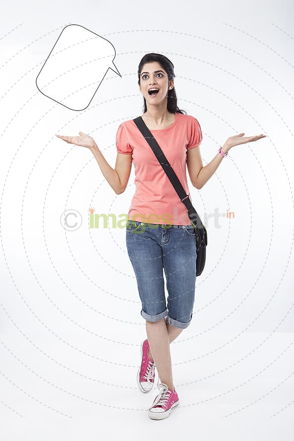 college girl with a dialogue box