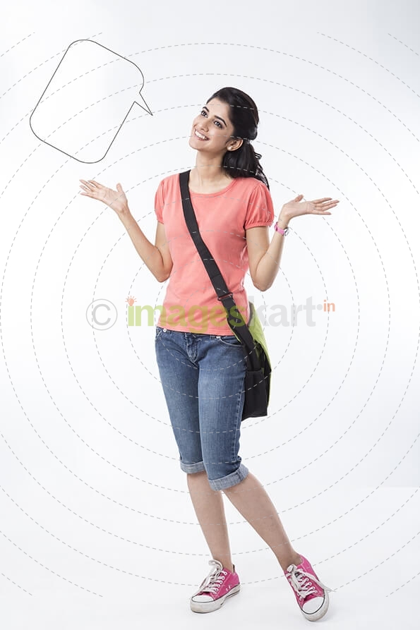 college girl with a dialogue box