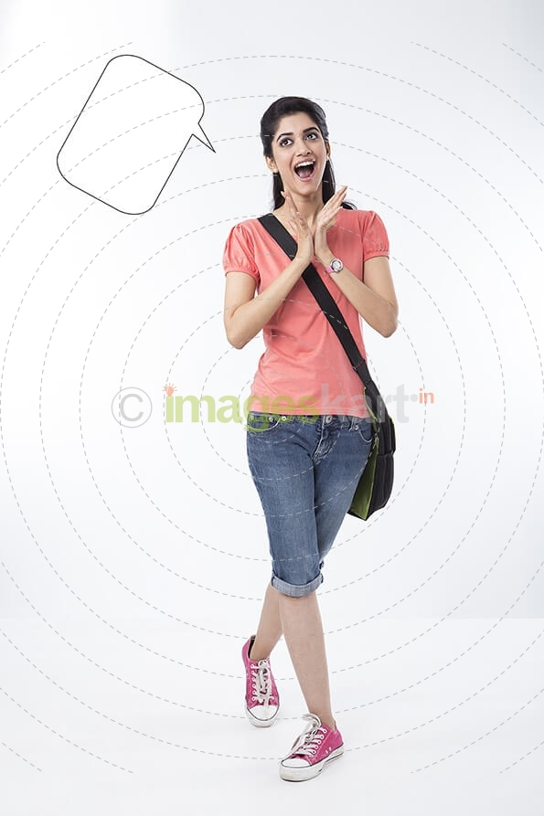 college girl with a dialogue box