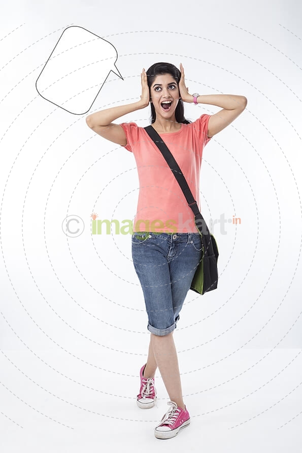college girl with a dialogue box
