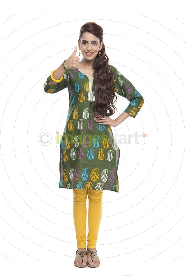 indian woman in salwar kameez showing thumb