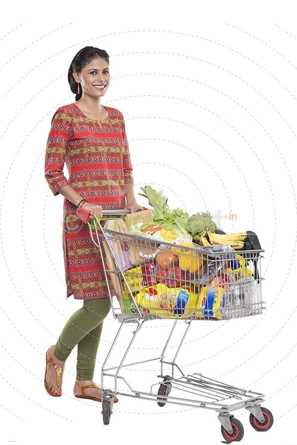 Indian woman posing with shopping kart