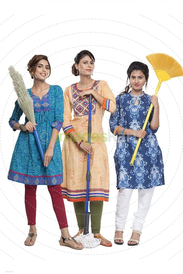 woman holding mop duster and grass broom