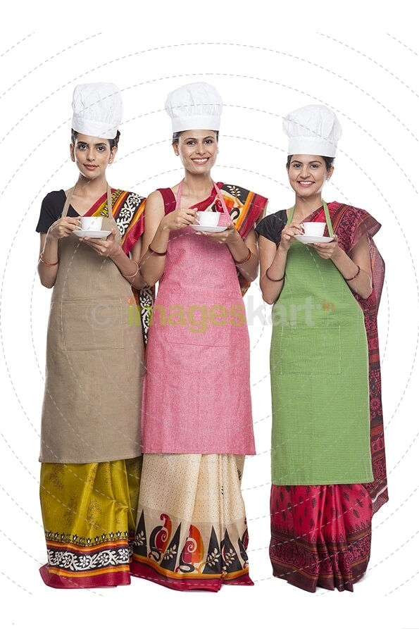 woman chef wearing apron with drink tea