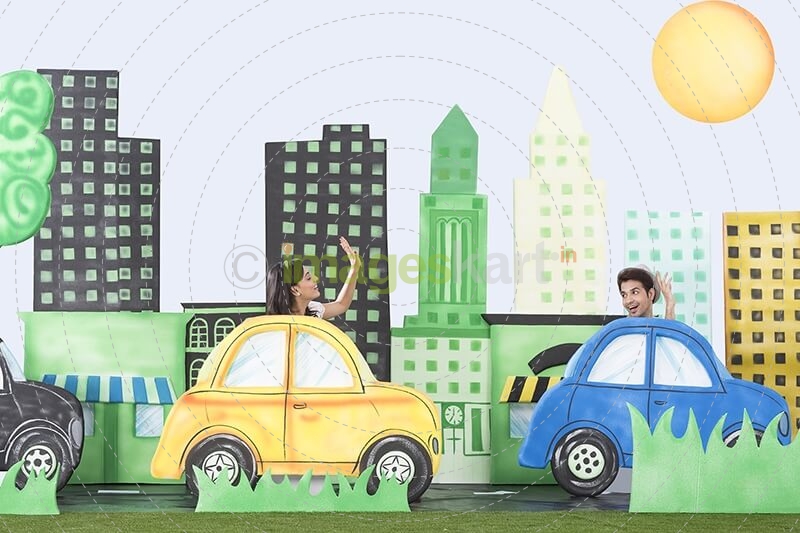 couple driving car and saying bye