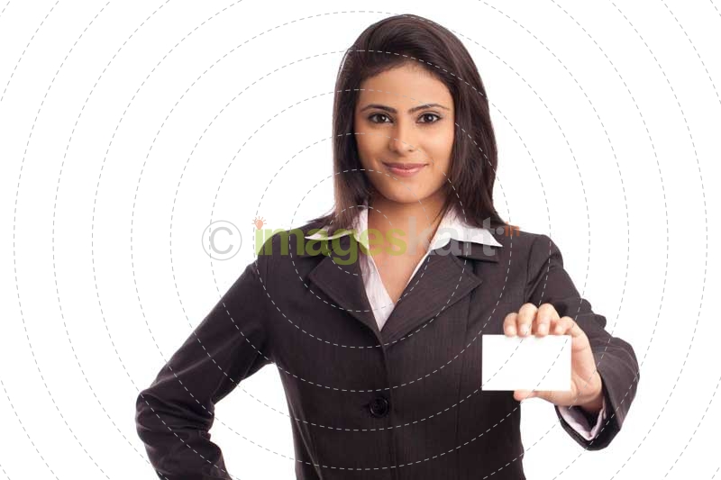 smiling corporate lady handing a business card
