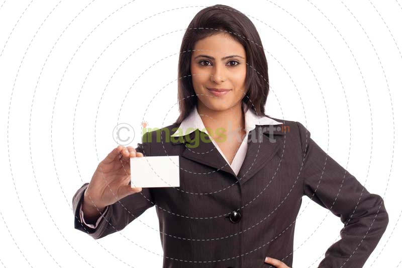 smiling corporate lady handing a business card