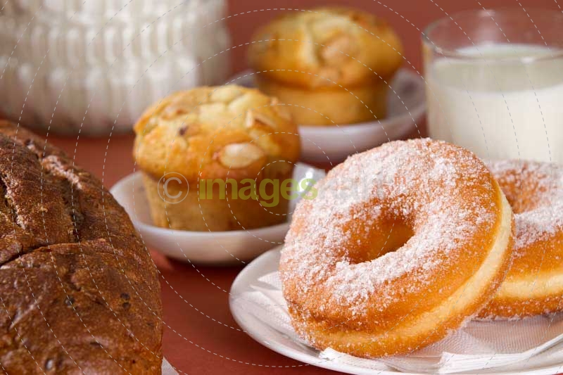 fresh breakfast on table with a glass of milk  