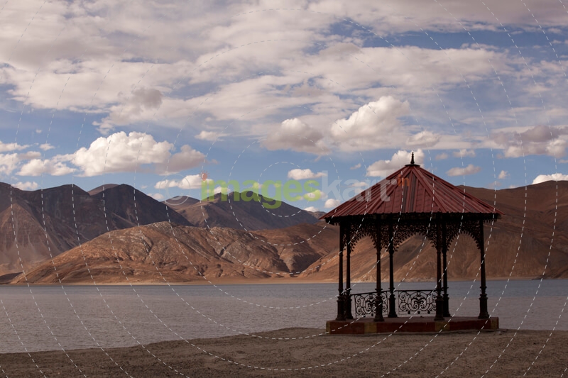 view of the red sala at the pangong lake
