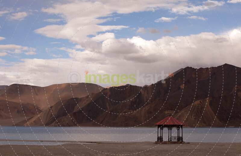 view of the red sala at the pangong lake