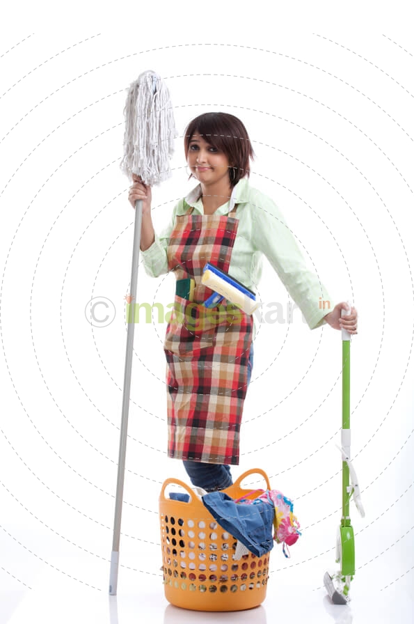 woman posing with a mop stick