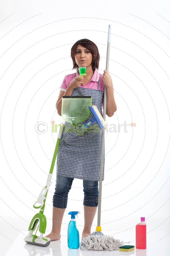 woman with all the household cleaning items