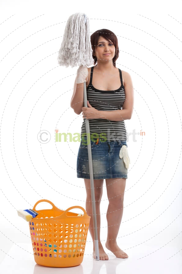 woman with a cleaning mop and bucket
