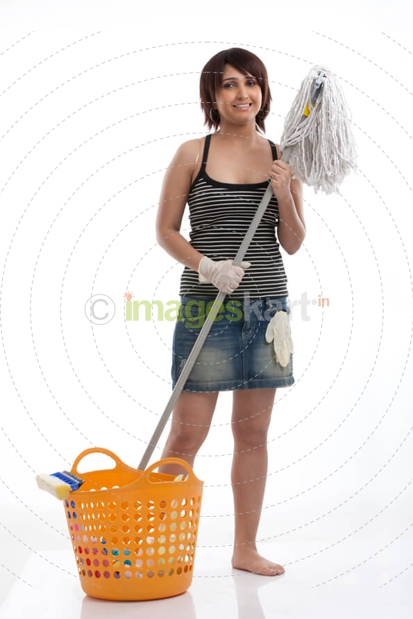 woman posing with cleaning mop