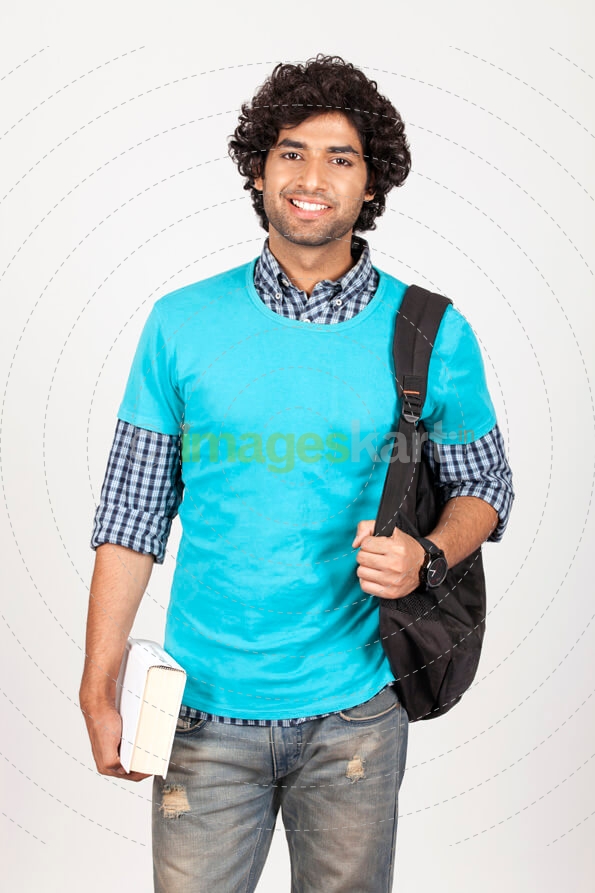 college carrying backpack with book in hand 