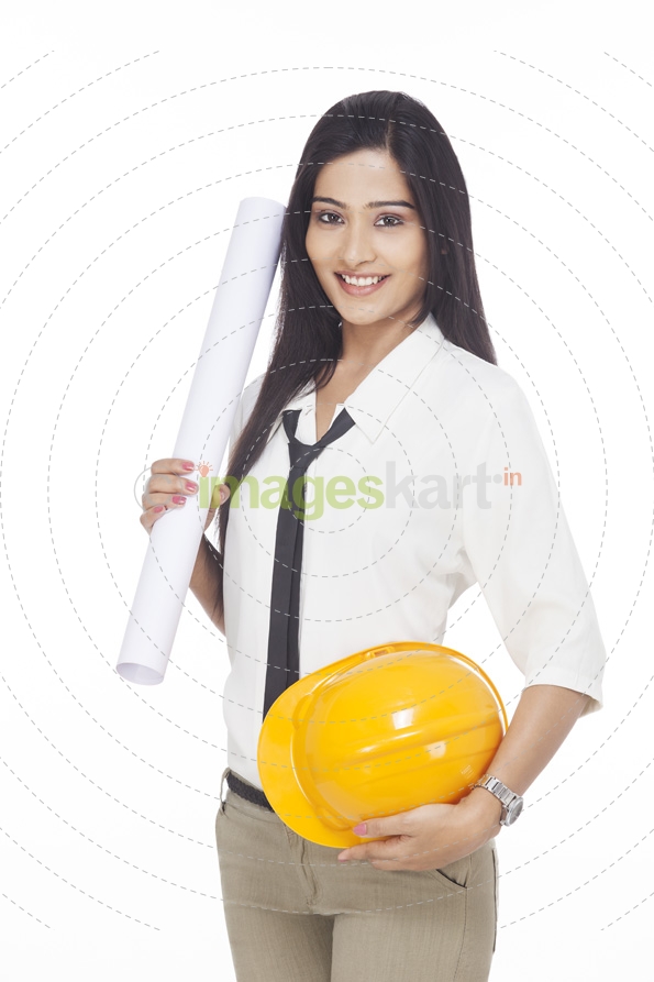 girl holding chart paper and hardhat