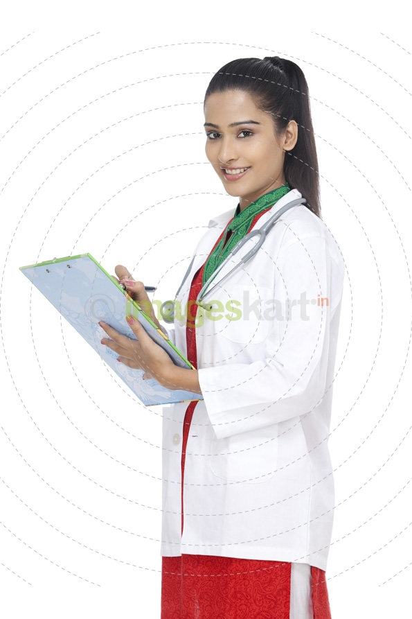doctor smiling and posing with a cardboard