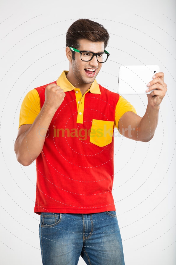 guy enjoying video on tablet