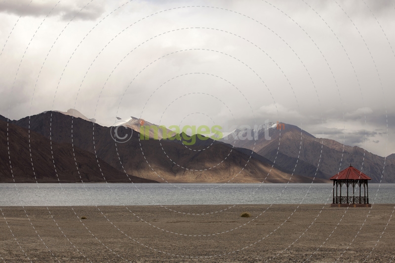 view of the red sala at the pangong lake