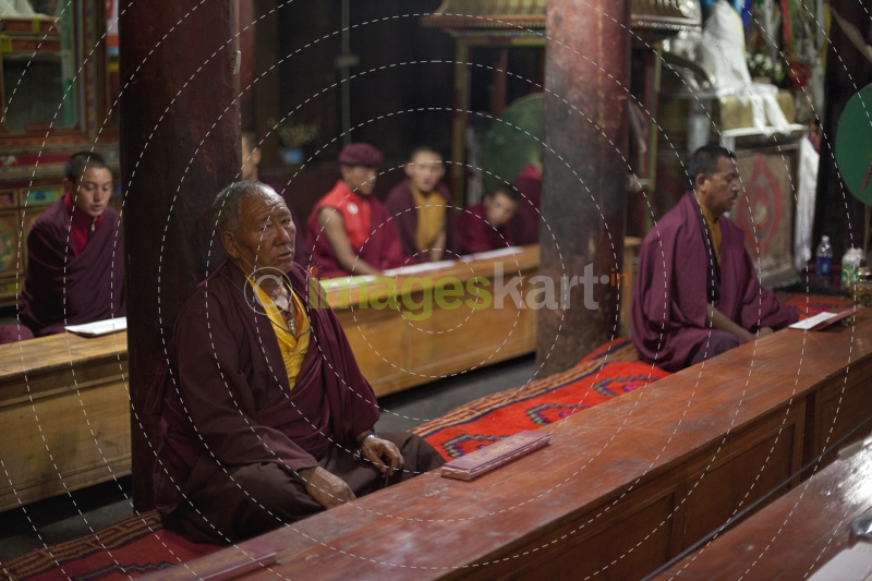 buddhist monks during prayer meeting 