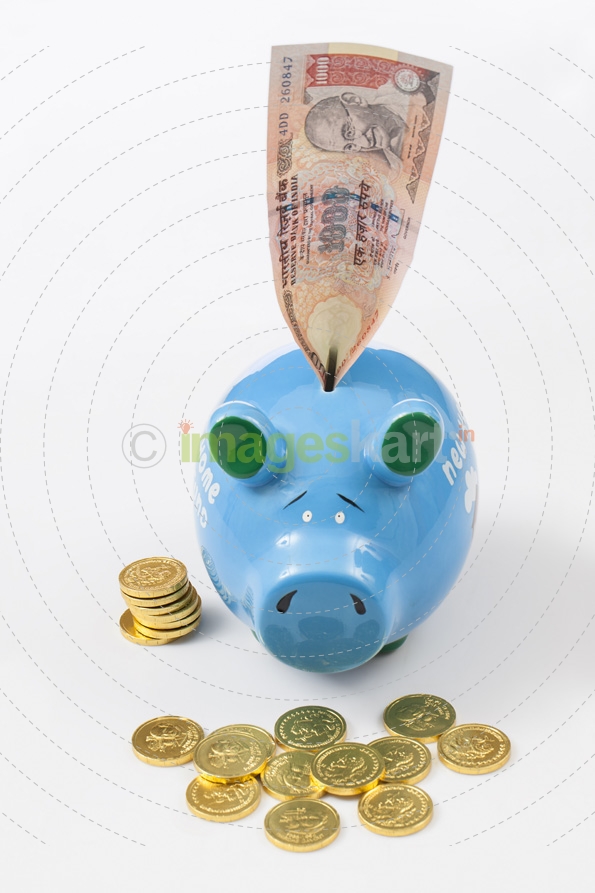piggy bank with gold coins and note