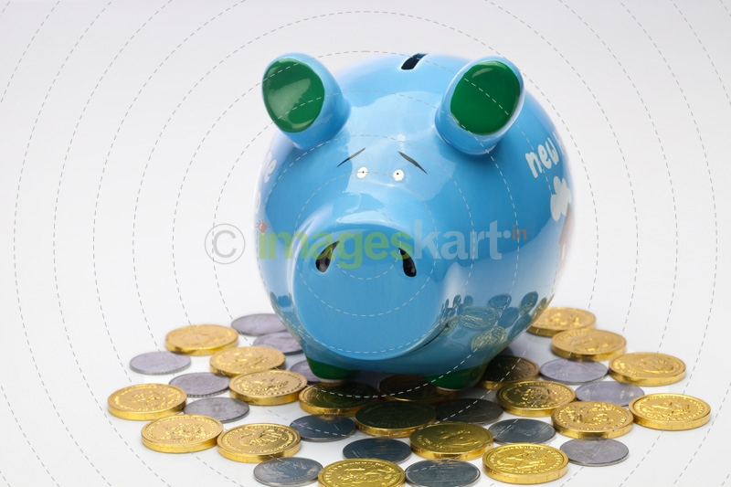 piggy bank with coins around against white background 