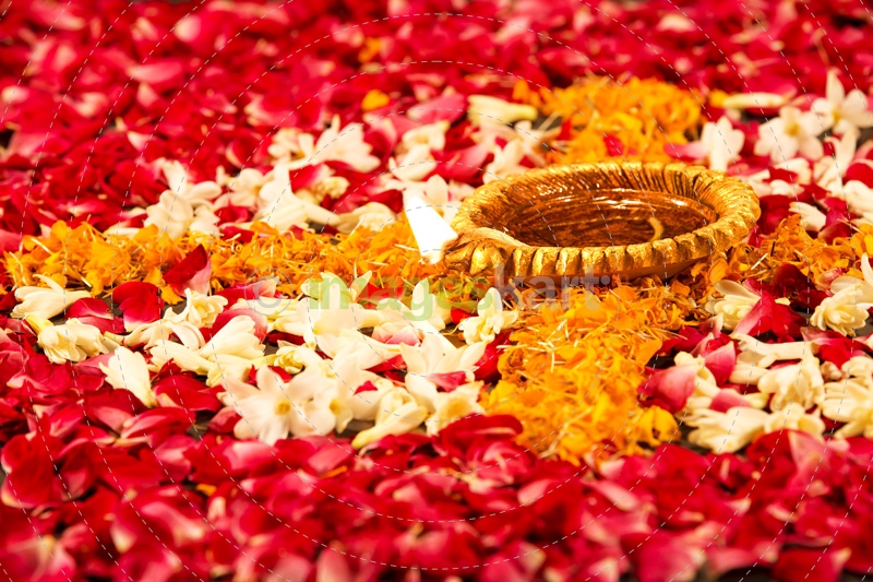 diyas placed on flower petals 