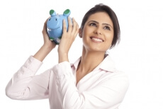 woman with piggy bank isolated on white