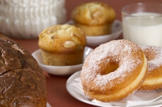 fresh breakfast on table with a glass of milk  
