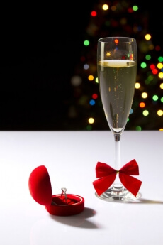 close upshot of wine glass and wedding ring with lights in the dark b