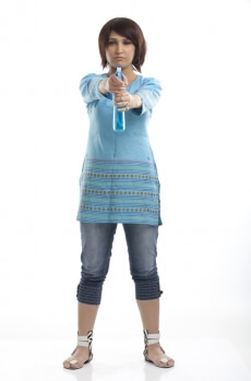 woman with a serious face holding spray bottle