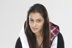 close up of pretty girl smiling against white background